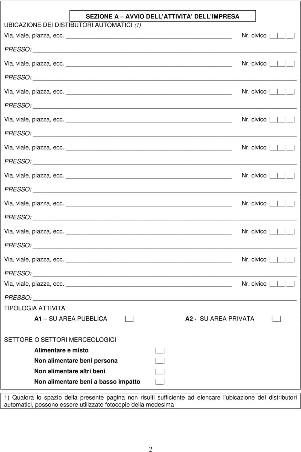 civico TIPOLOGIA ATTIVITA A1 SU AREA PUBBLICA A2 - SU AREA PRIVATA Alimentare e misto Non alimentare beni persona Non alimentare altri