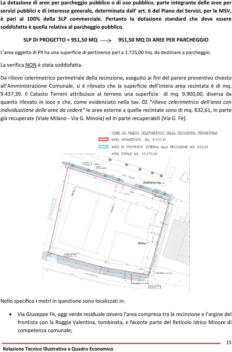 SLP DI PROGETTO = 951,50 MQ 951,50 MQ DI AREE PER PARCHEGGIO L area oggetto di PII ha una superficie di pertinenza pari a 1.725,00 mq. da destinare a parcheggio. La verifica NON è stata soddisfatta.