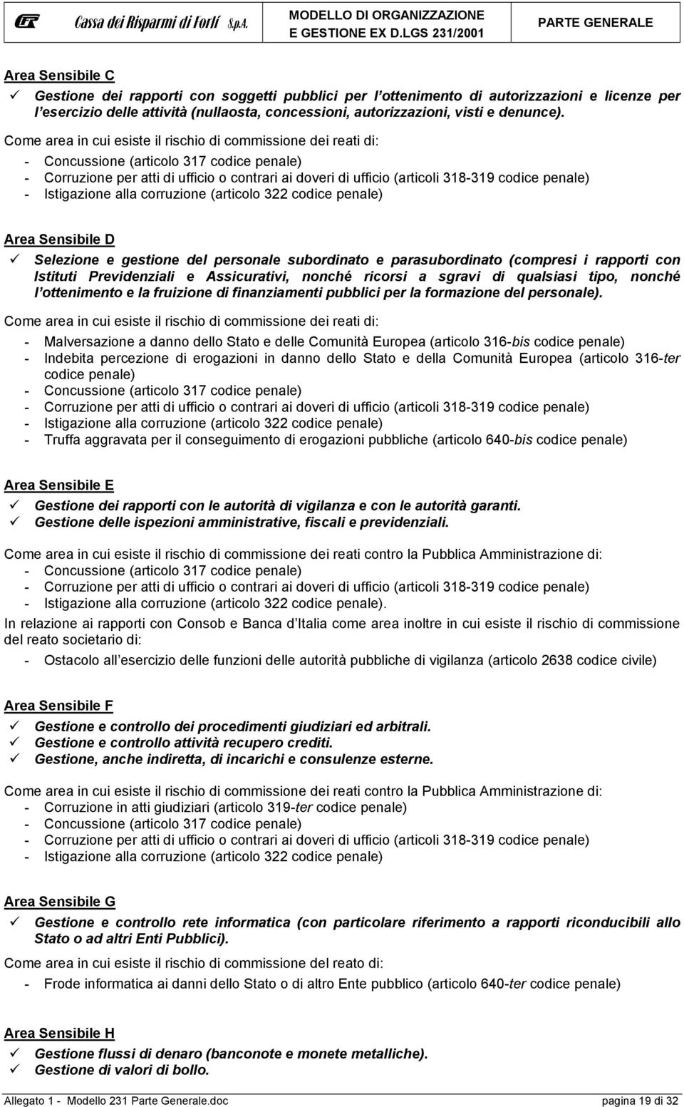 penale) - Istigazione alla corruzione (articolo 322 codice penale) Area Sensibile D Selezione e gestione del personale subordinato e parasubordinato (compresi i rapporti con Istituti Previdenziali e