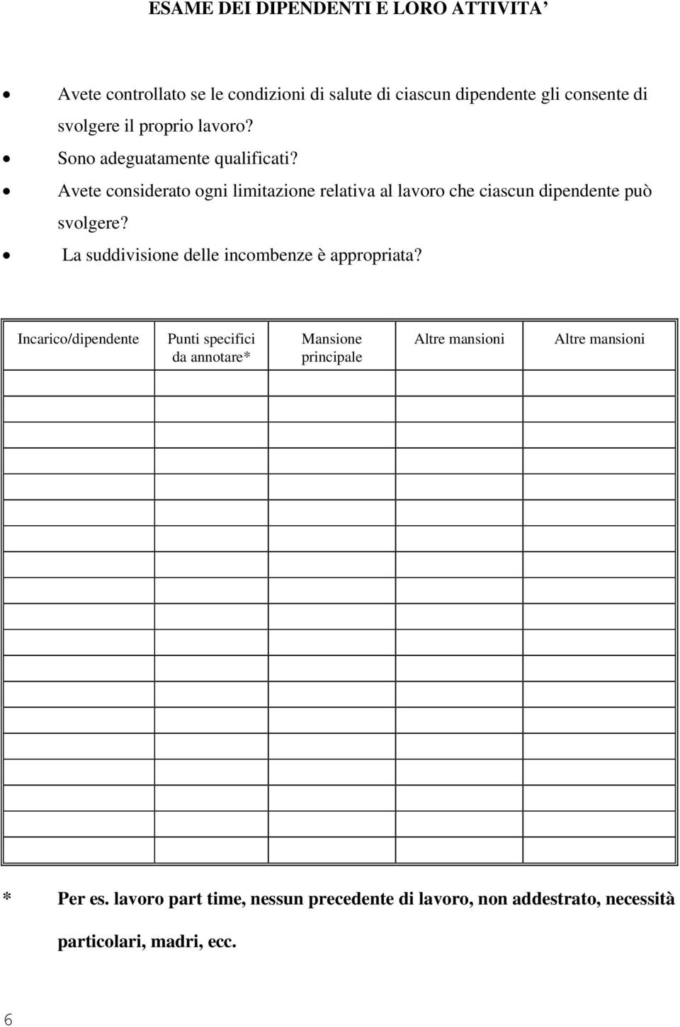 Avete considerato ogni limitazione relativa al lavoro che ciascun dipendente può svolgere?