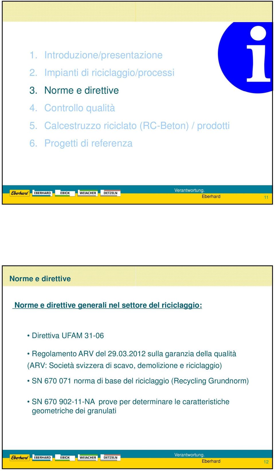 Progetti di referenza 11 Norme e direttive Norme e direttive generali nel settore del riciclaggio: Direttiva UFAM 31-06 Regolamento ARV