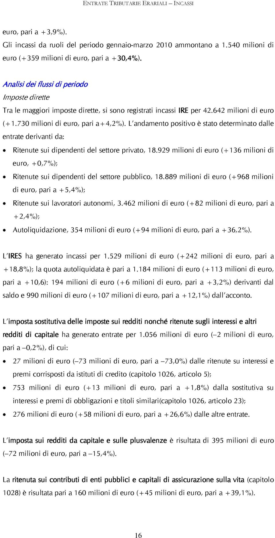 L andamento positivo è stato determinato dalle entrate derivanti da: Ritenute sui dipendenti del settore privato, 18.