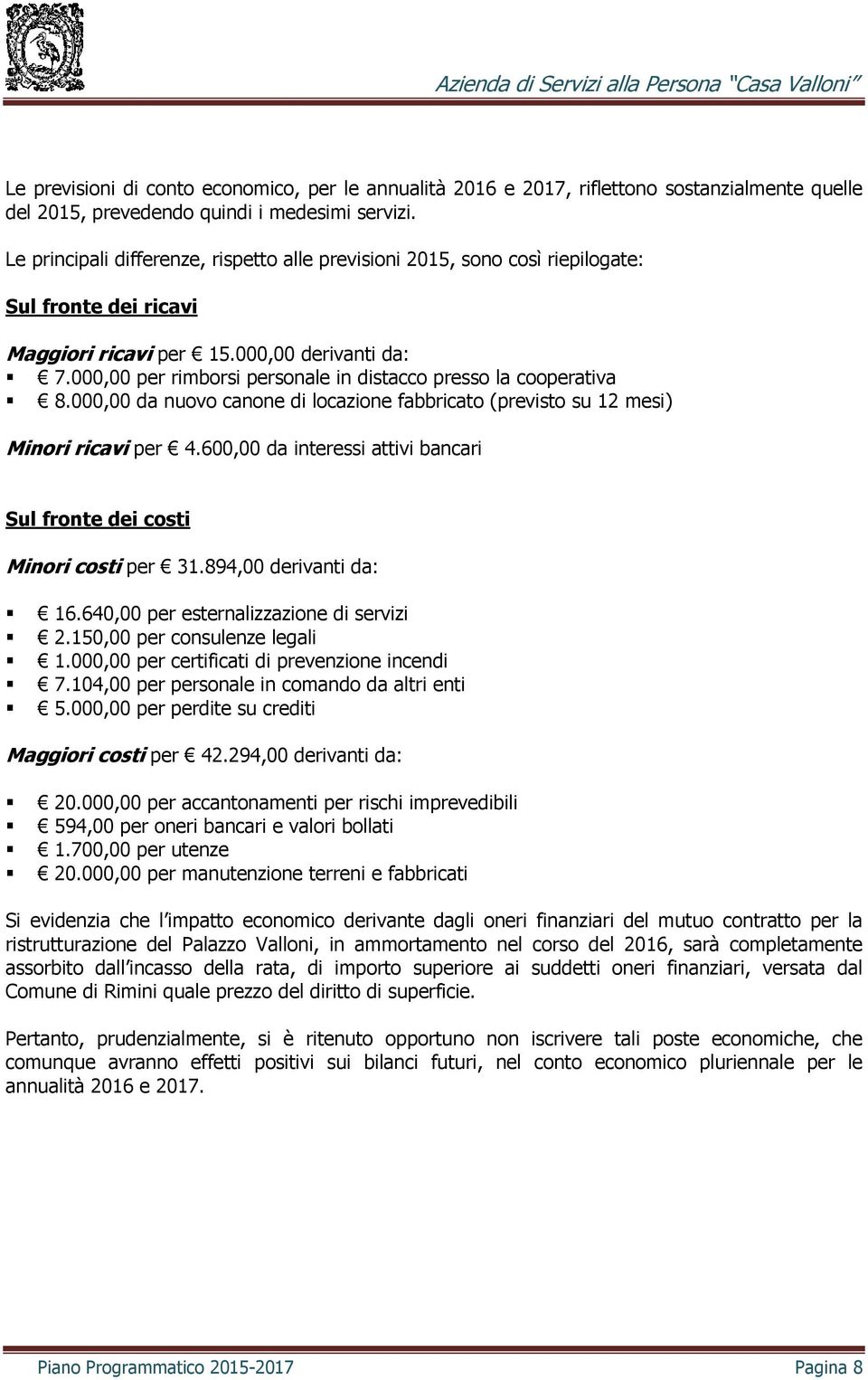 000,00 per rimborsi personale in distacco presso la cooperativa 8.000,00 da nuovo canone di locazione fabbricato (previsto su 12 mesi) Minori ricavi per 4.