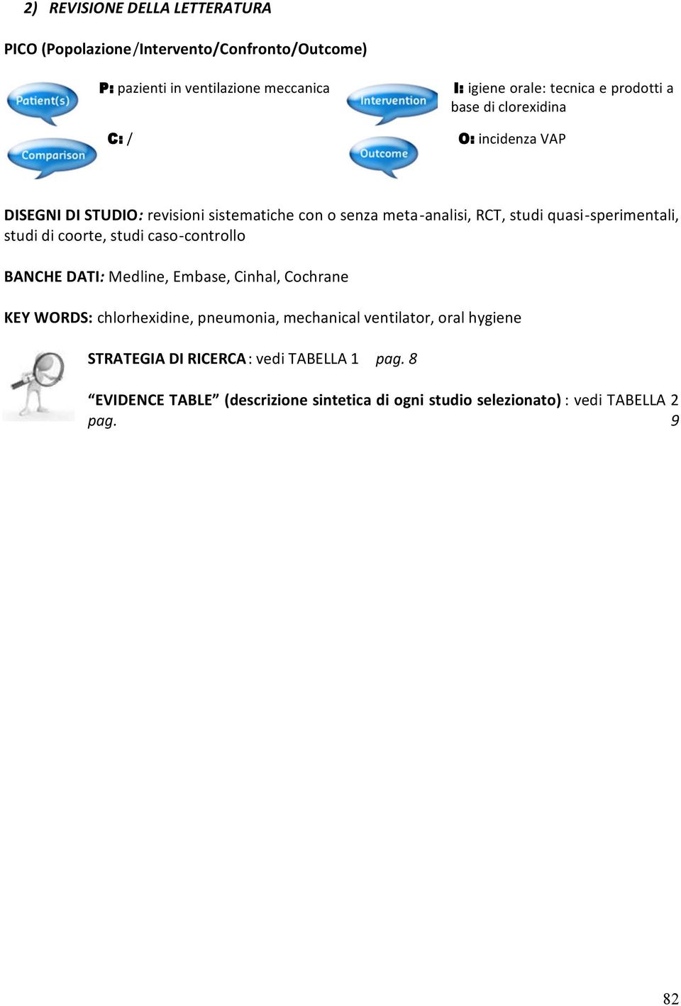 quasi-sperimentali, studi di coorte, studi caso-controllo BANCHE DATI: Medline, Embase, Cinhal, Cochrane KEY WORDS: chlorhexidine, pneumonia,