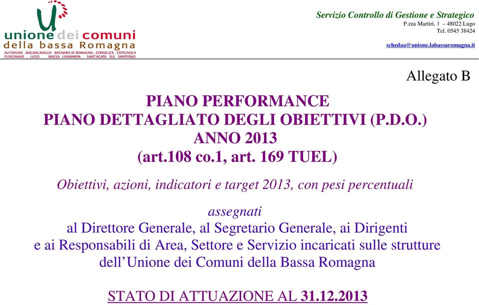 169 TUEL) Obiettivi, azioni, indicatori e target 2013, con pesi percentuali Allegato B assegnati al Direttore Generale,