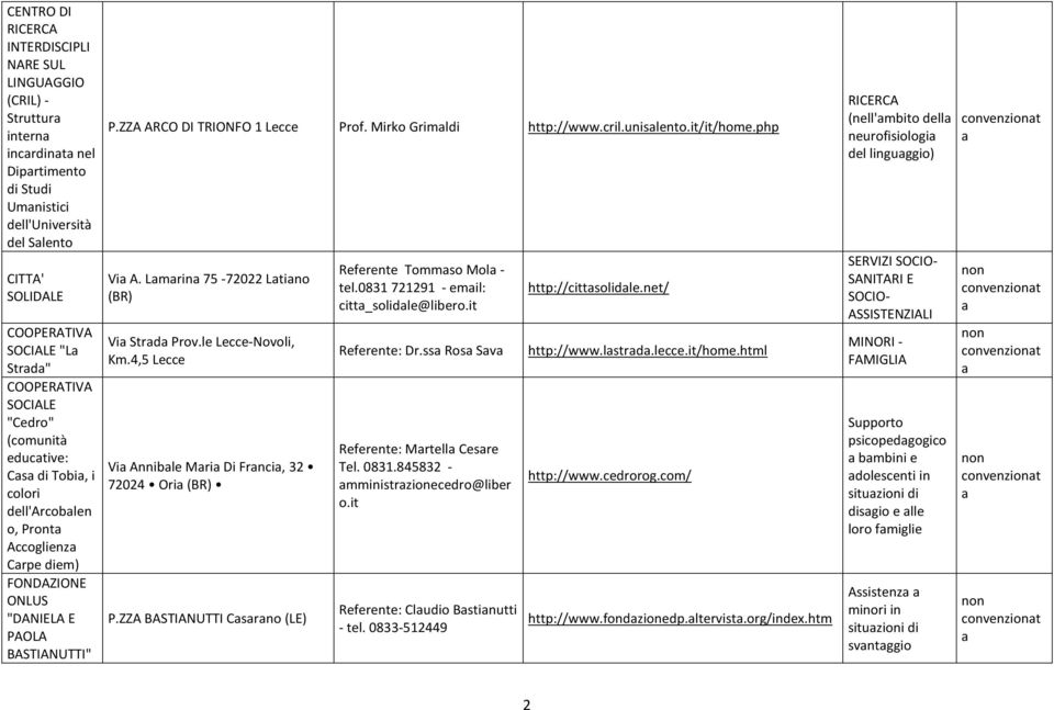 it/it/home.php Vi A. Lmrin 75-72022 Ltino (BR) Vi Strd Prov.le Lecce-Novoli, Km.4,5 Lecce Vi Annible Mri Di Frnci, 32 72024 Ori (BR) P.ZZA BASTIANUTTI Csrno (LE) Referente Tommso Mol - tel.
