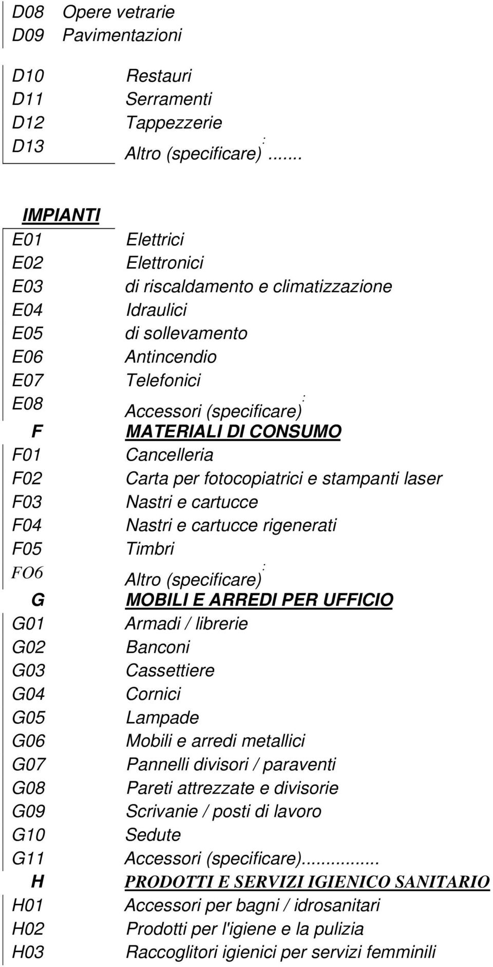 sollevamento Antincendio Telefonici Accessori (specificare) : MATERIALI DI CONSUMO Cancelleria Carta per fotocopiatrici e stampanti laser Nastri e cartucce Nastri e cartucce rigenerati Timbri tro