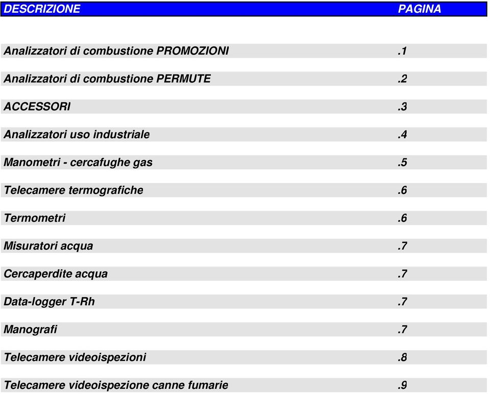 4 Manometri - cercafughe gas.5 Telecamere termografiche.6 Termometri.6 Misuratori acqua.