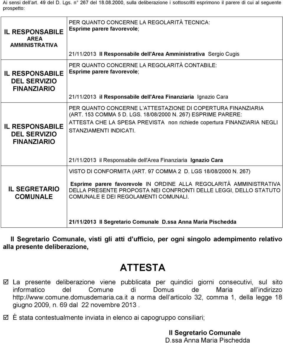 Amministrativa Sergio Cugis PER QUANTO CONCERNE LA REGOLARITÀ CONTABILE: PER QUANTO CONCERNE L ATTESTAZIONE DI COPERTURA FINANZIARIA (ART. 153 COMMA 5 D. LGS. 18/08/2000 N.