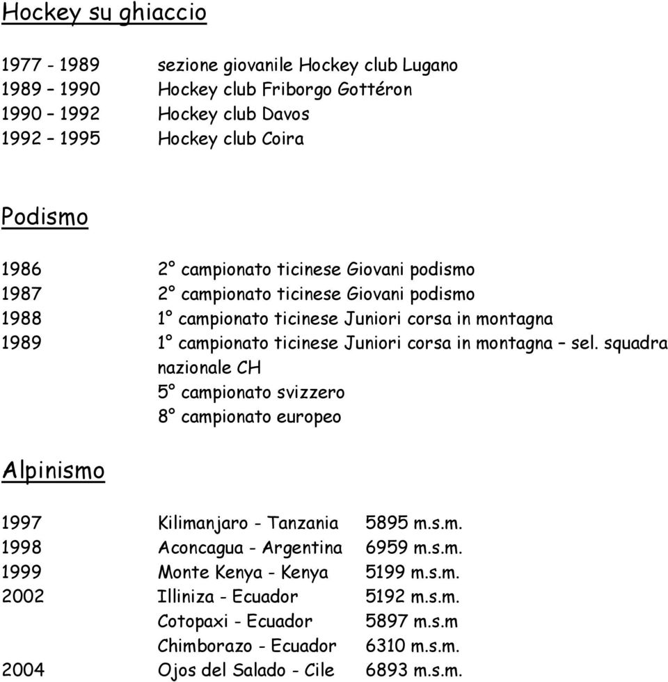 corsa in montagna sel. squadra nazionale CH 5 campionato svizzero 8 campionato europeo Alpinismo 1997 Kilimanjaro - Tanzania 5895 m.s.m. 1998 Aconcagua - Argentina 6959 m.s.m. 1999 Monte Kenya - Kenya 5199 m.