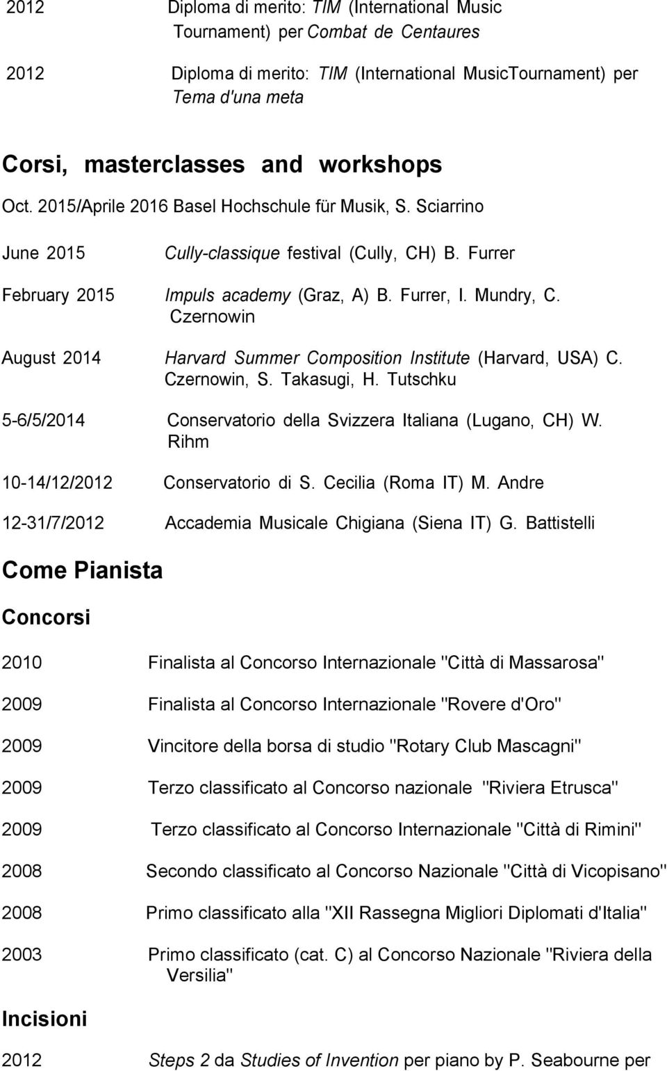 Czernowin August 2014 Harvard Summer Composition Institute (Harvard, USA) C. Czernowin, S. Takasugi, H. Tutschku 5-6/5/2014 Conservatorio della Svizzera Italiana (Lugano, CH) W.