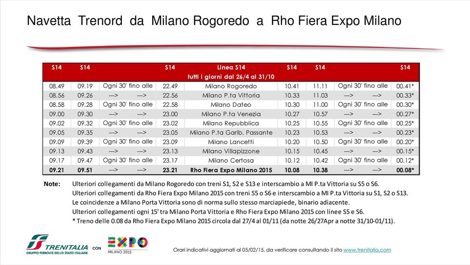 00 09.30 ---> ---> 23.00 Milano P.ta Venezia 10.27 10.57 ---> ---> 00.27* 09.02 09.32 Ogni 30' fino alle 23.02 Milano Repubblica 10.25 10.55 Ogni 30' fino alle 00.25* 09.05 09.35 ---> ---> 23.