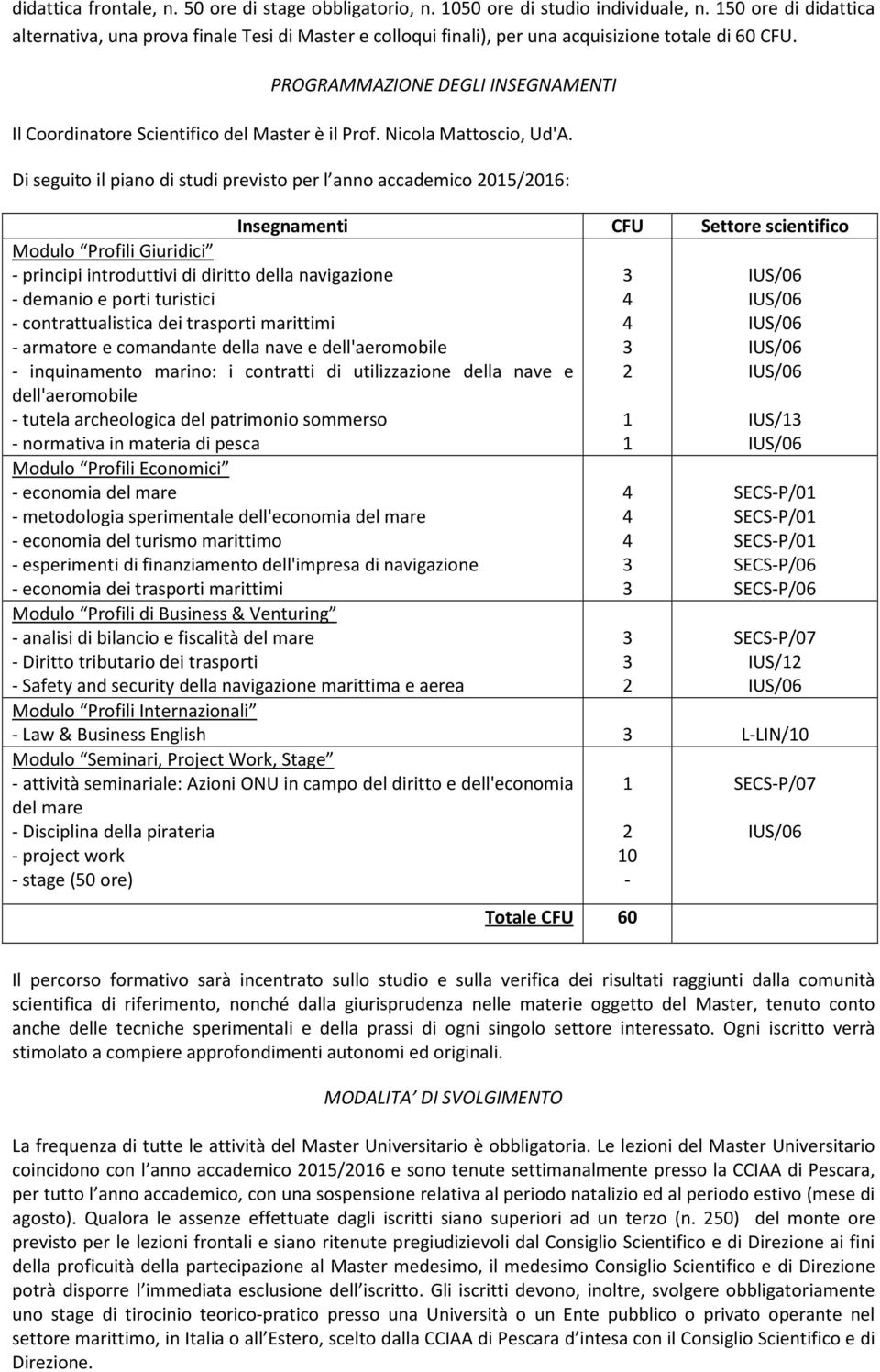 PROGRAMMAZIONE DEGLI INSEGNAMENTI Il Coordinatore Scientifico del Master è il Prof. Nicola Mattoscio, Ud'A.