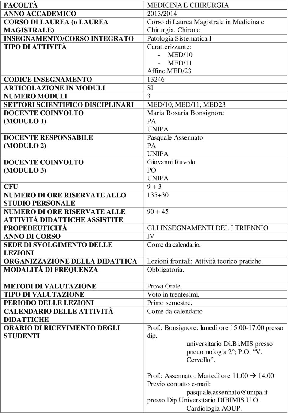 SCIENTIFICO DISCIPLINARI MED/10; MED/11; MED DOCENTE COINVOLTO (MODULO 1) Maria Rosaria Bonsignore PA DOCENTE RESPONSABILE (MODULO ) DOCENTE COINVOLTO (MODULO ) Pasquale Assennato PA Giovanni Ruvolo