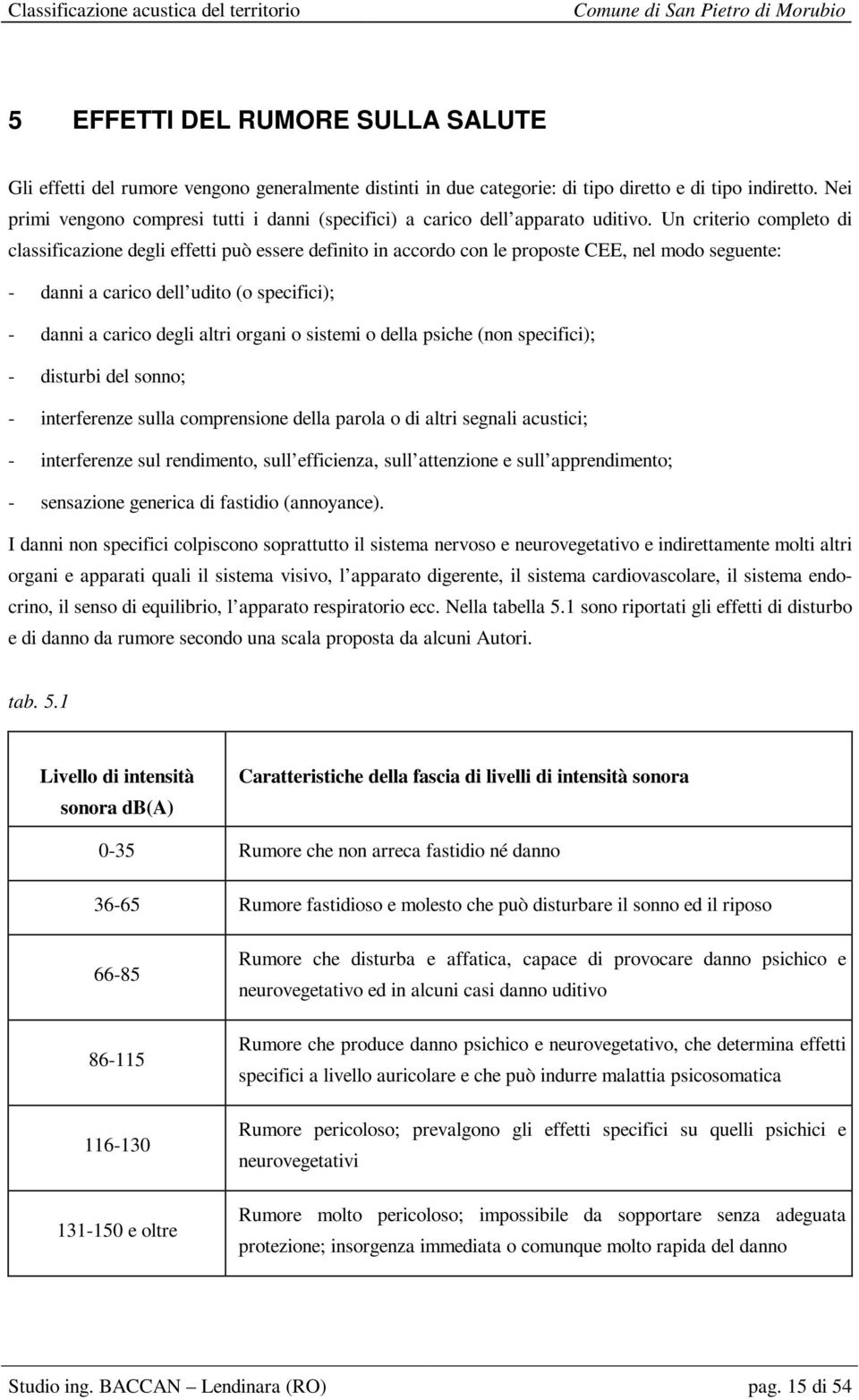 Un criterio completo di classificazione degli effetti può essere definito in accordo con le proposte CEE, nel modo seguente: - danni a carico dell udito (o specifici); - danni a carico degli altri