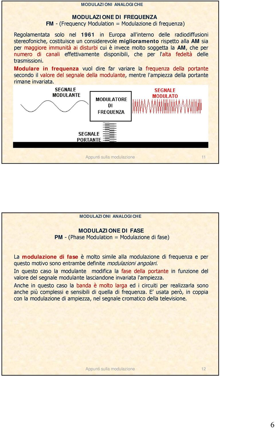 fedeltà delle trasmissioni. Modulare in frequenza vuol dire far variare la frequenza della portante secondo il valore del segnale della modulante, mentre l'ampiezza della portante rimane invariata.