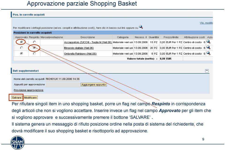 Inserire invece un flag nel campo Approvato per gli item che si vogliono approvare e successivamente premere il bottone