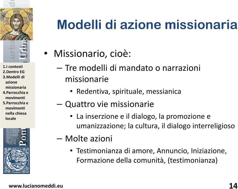 spirituale, messianica Quattro vie missionarie La inserzione e il dialogo, la promozione