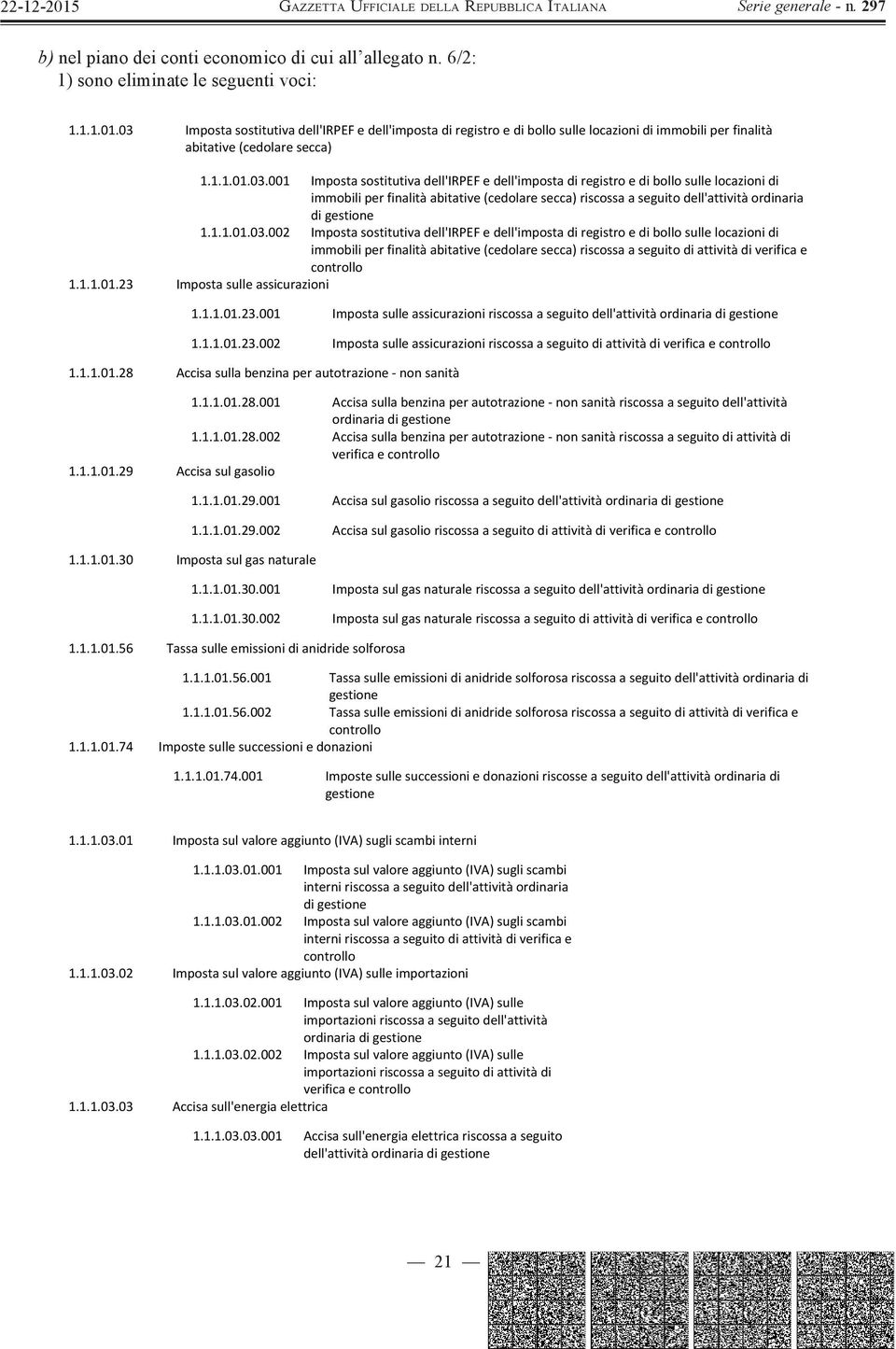 1.1.01.03.002 Imposta sostitutiva dell'irpef e dell'imposta di registro e di bollo sulle locazioni di immobili per finalità abitative (cedolare secca) riscossa a seguito di attività di verifica e 1.1.1.01.23 Imposta sulle assicurazioni 1.