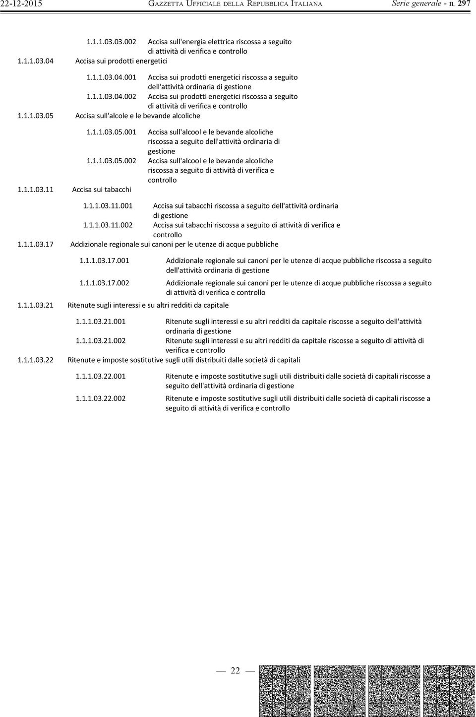 1.1.03.05.002 Accisa sull'alcool e le bevande alcoliche riscossa a seguito di attività di verifica e 1.1.1.03.11 Accisa sui tabacchi 1.1.1.03.11.001 Accisa sui tabacchi riscossa a seguito dell'attività ordinaria di 1.