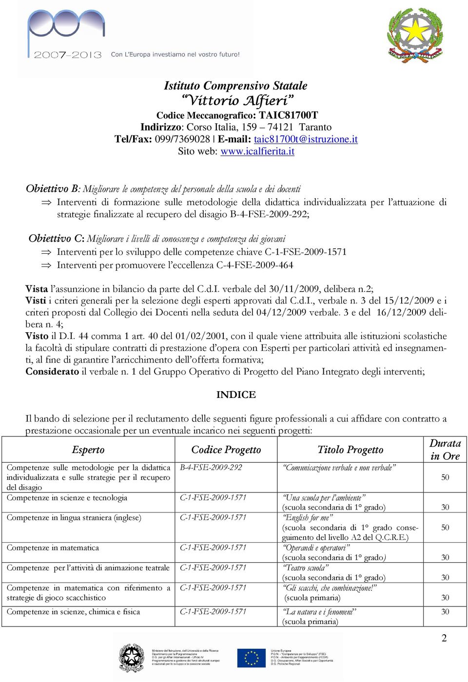 promuovere l eccellenza C-4-FSE-2009-464 Vista l assunzione in bilancio da parte del C.d.I. verbale del /11/2009, delibera n.2; Visti i criteri generali per la selezione degli esperti approvati dal C.