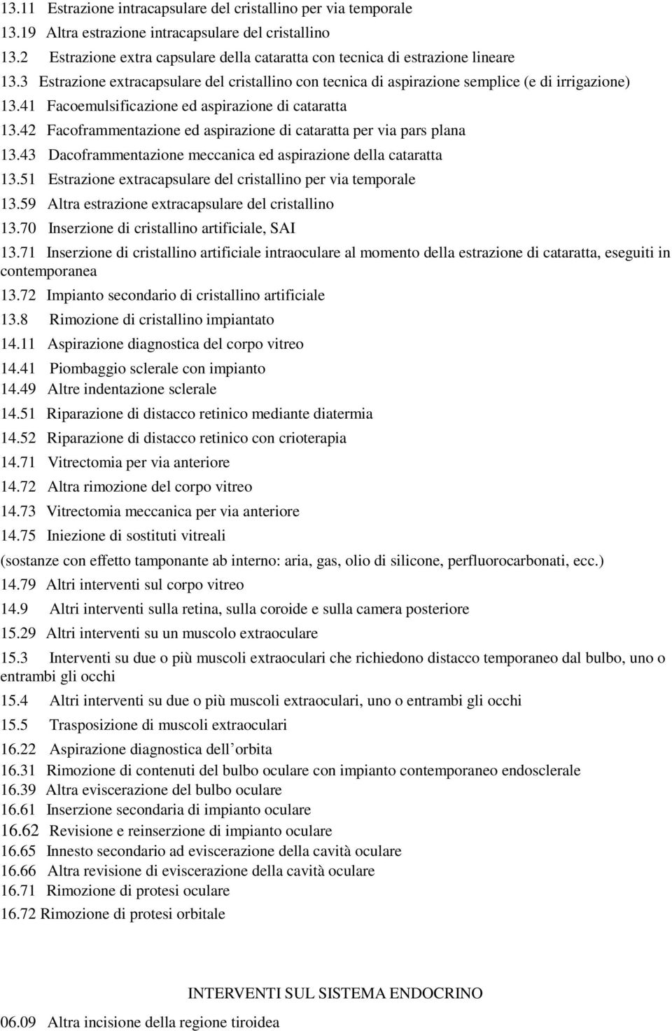 41 Facoemulsificazione ed aspirazione di cataratta 13.42 Facoframmentazione ed aspirazione di cataratta per via pars plana 13.43 Dacoframmentazione meccanica ed aspirazione della cataratta 13.