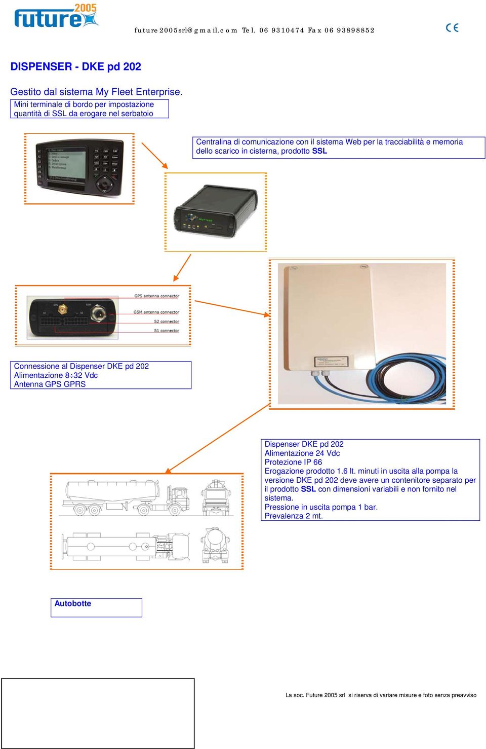 cisterna, prodotto SSL Connessione al Dispenser DKE pd 202 Alimentazione 8 32 Vdc Antenna GPS GPRS Dispenser DKE pd 202 Alimentazione 24 Vdc Protezione IP 66 Erogazione prodotto 1.