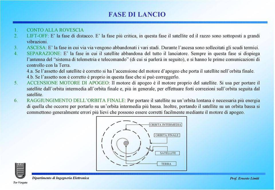 Sempre in questa fase si dispiega l antenna del sistema di telemetria e telecomando (di cui si parlerà in seguito), e si hanno le prime comunicazioni di controllo con la Terra. 4.a. Se l assetto del satellite è corretto si ha l accensione del motore d apogeo che porta il satellite nell orbita finale.