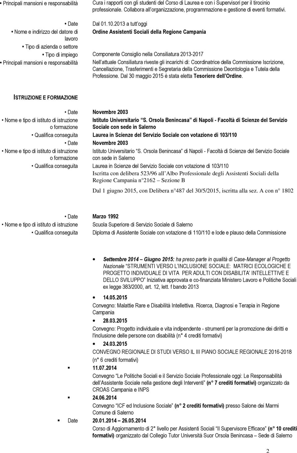 2013 a tutt oggi Nome e indirizzo del datore di Ordine Assistenti Sociali della Regione Campania Tipo di azienda o settore Tipo di impiego Componente Consiglio nella Consiliatura 2013-2017 Principali