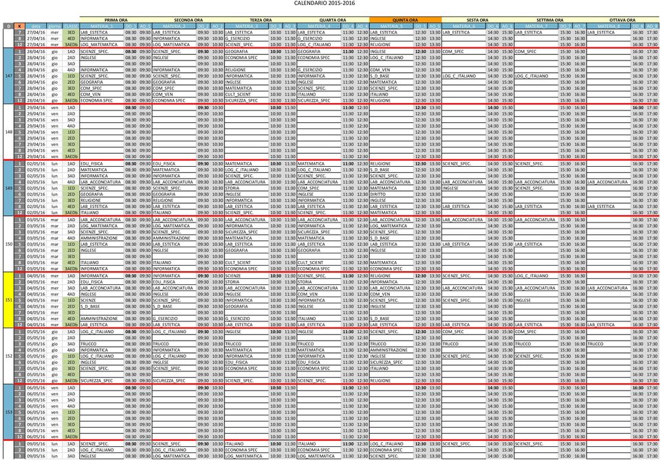 27/04/16 mer 3AEDb LOG_MATEMATICA 08:30 09:30 LOG_MATEMATICA 09:30 10:30 SCIENZE_SPEC.