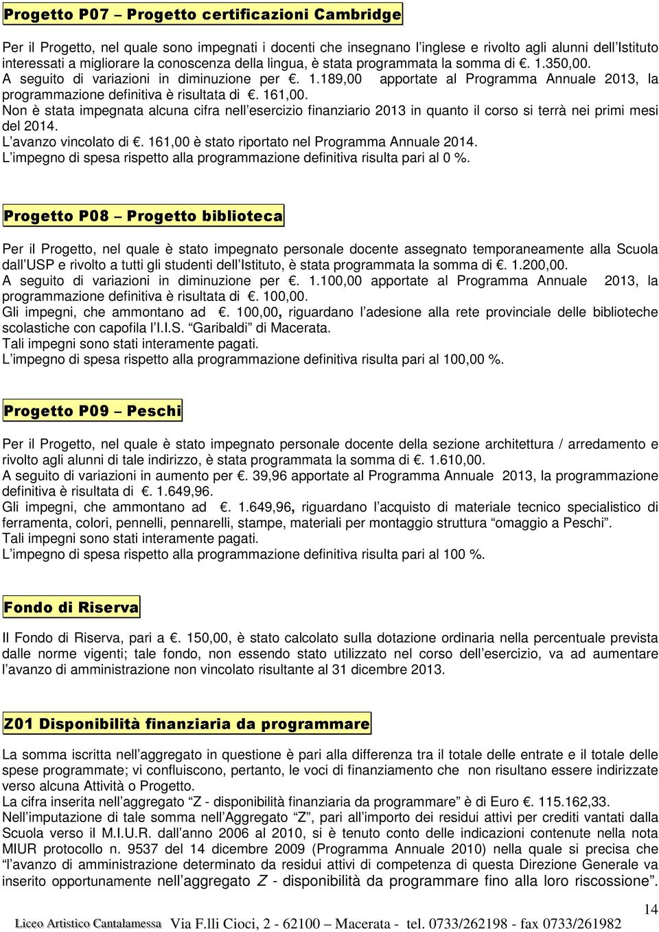 Non è stata impegnata alcuna cifra nell esercizio finanziario 2013 in quanto il corso si terrà nei primi mesi del 2014. L avanzo vincolato di. 161,00 è stato riportato nel Programma Annuale 2014.