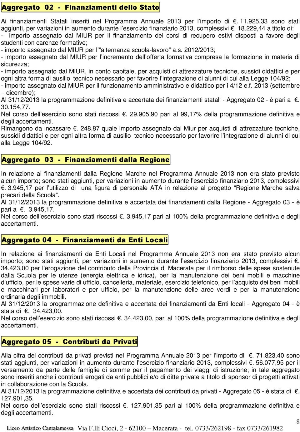 229,44 a titolo di: - importo assegnato dal MIUR per il finanziamento dei corsi di recupero estivi disposti a favore degli studenti con carenze formative; - importo assegnato dal MIUR per l