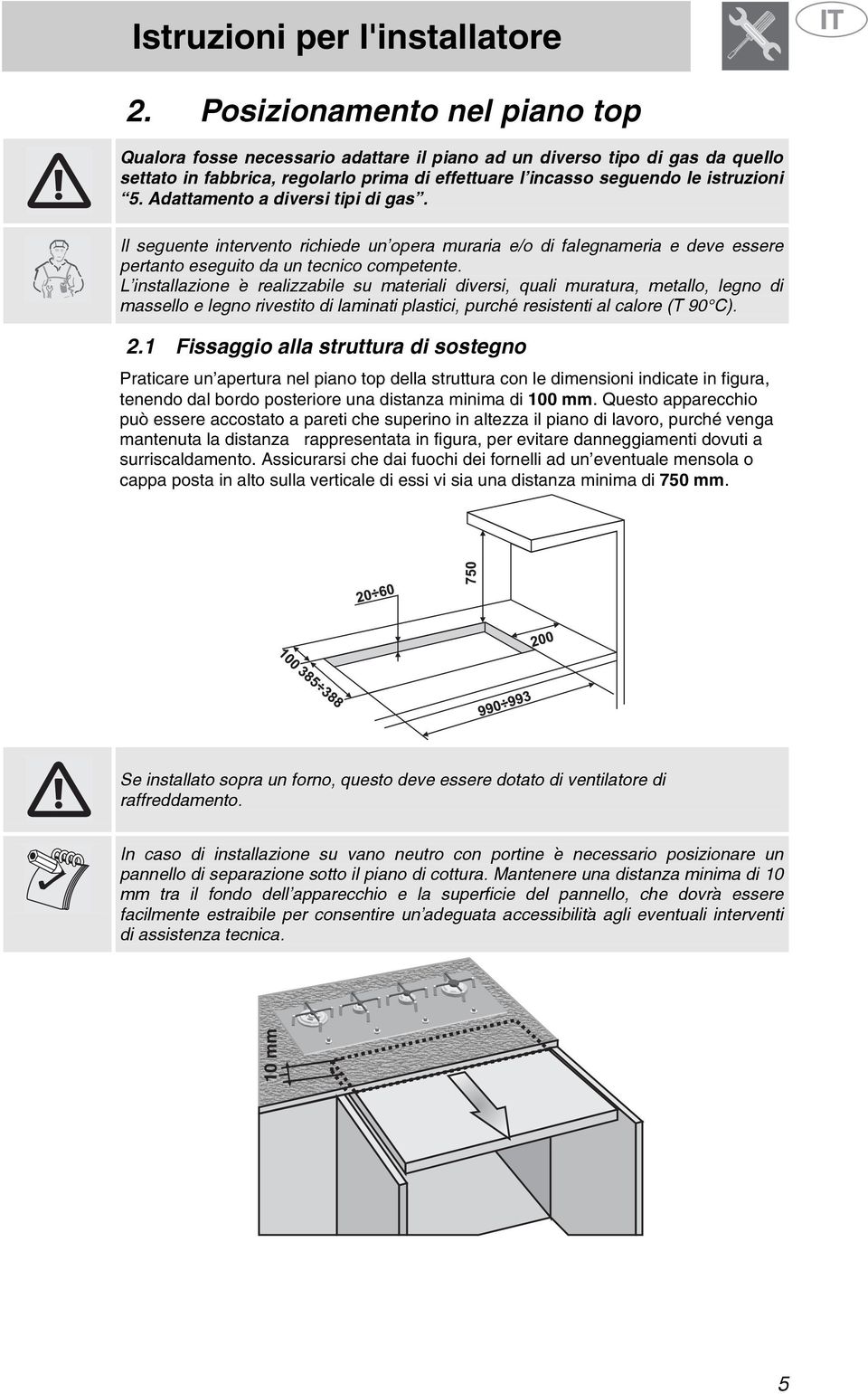 Adattamento a diversi tipi di gas. Il seguente intervento richiede un opera muraria e/o di falegnameria e deve essere pertanto eseguito da un tecnico competente.