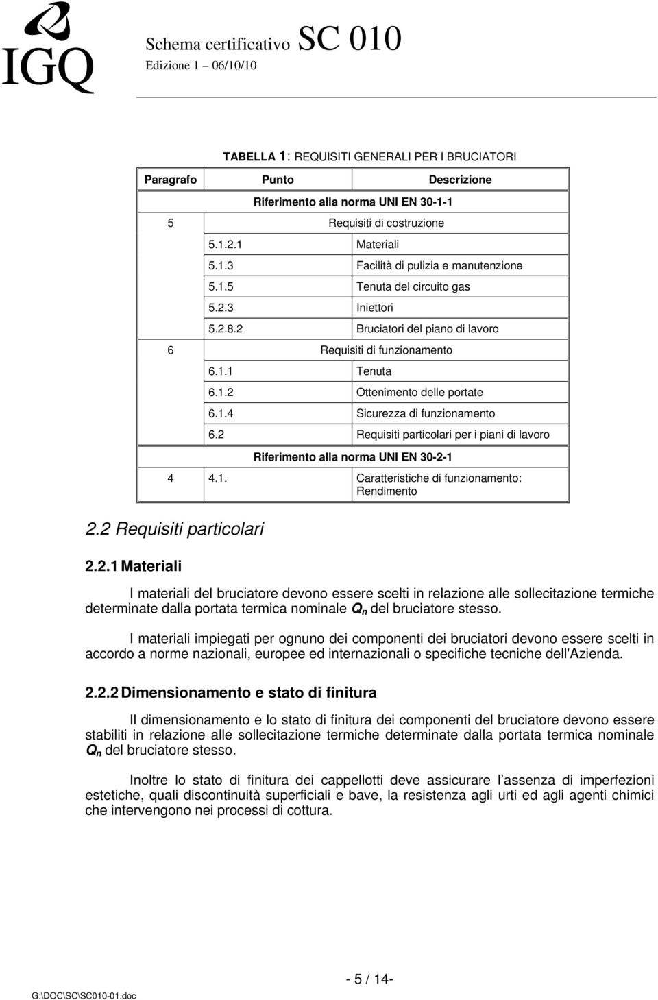 2 Requisiti particolari per i piani di lavoro Riferimento alla norma UNI EN 30-2-1 4 4.1. Caratteristiche di funzionamento: Rendimento 2.2 Requisiti particolari 2.2.1 Materiali I materiali del bruciatore devono essere scelti in relazione alle sollecitazione termiche determinate dalla portata termica nominale Q n del bruciatore stesso.