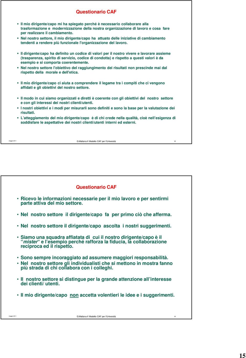 Il dirigente/capo ha definito un codice di valori per il nostro vivere e lavorare assieme (trasparenza, spirito di servizio, codice di condotta) e rispetto a questi valori è da esempio e si comporta