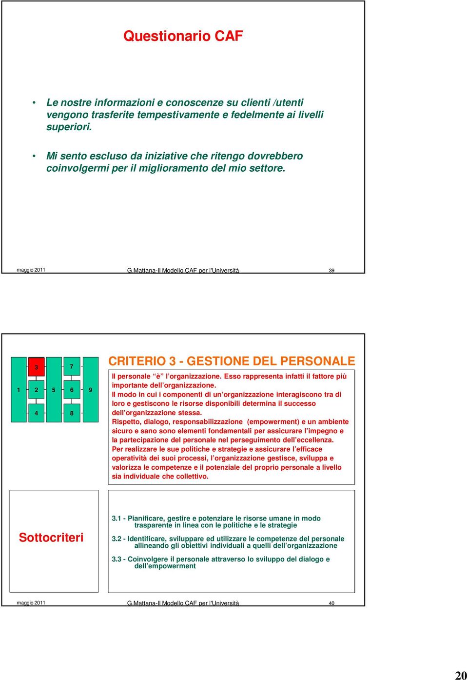 maggio 2011 39 1 3 4 7 2 5 6 9 8 CRITERIO 3 - GESTIONE DEL PERSONALE Il personale è l organizzazione. Esso rappresenta infatti il fattore più importante dell organizzazione.