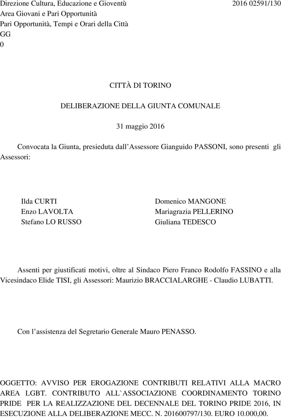 Assenti per giustificati motivi, oltre al Sindaco Piero Franco Rodolfo FASSINO e alla Vicesindaco Elide TISI, gli Assessori: Maurizio BRACCIALARGHE - Claudio LUBATTI.