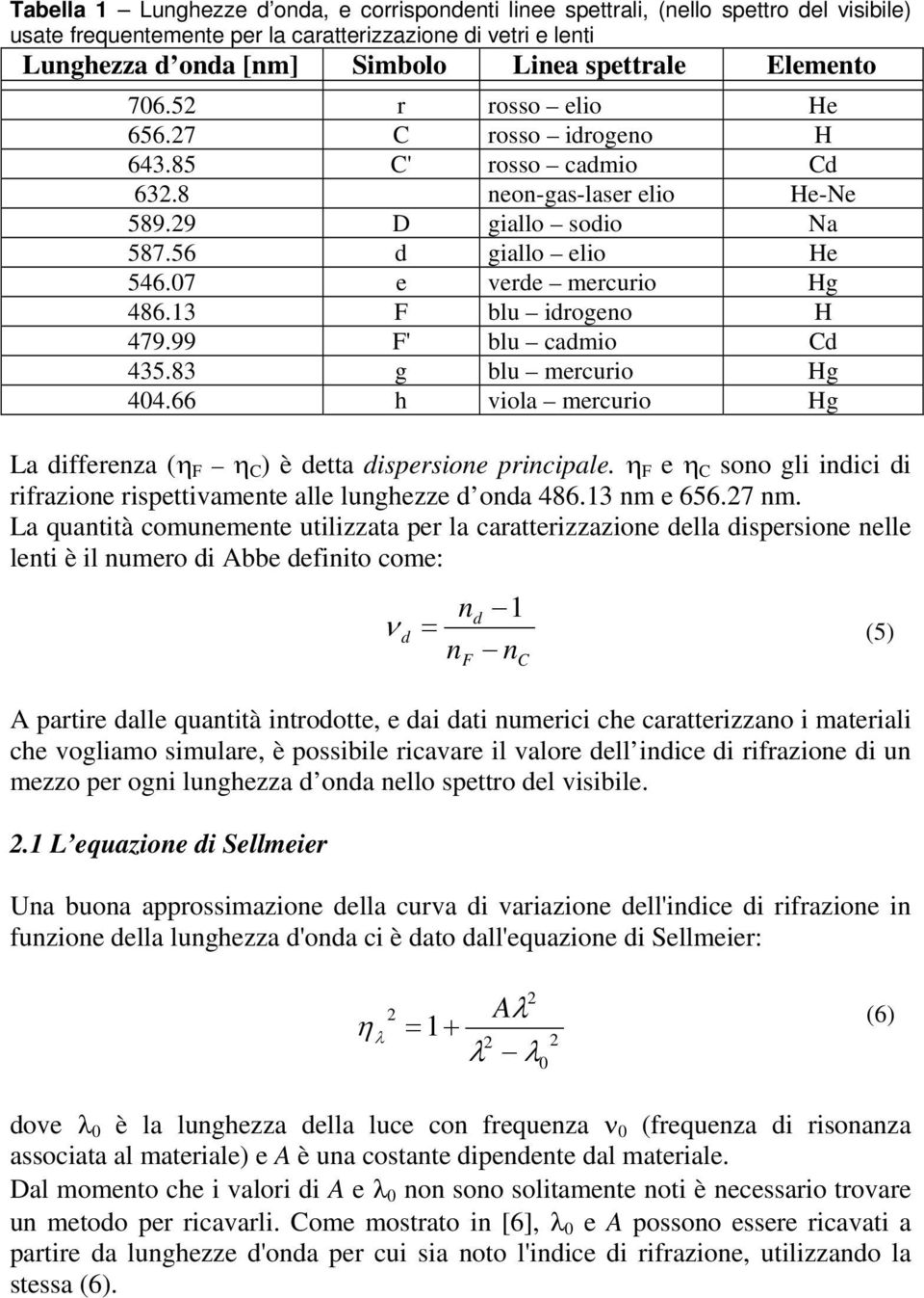 13 F blu idrogeno H 479.99 F' blu cadmio Cd 435.83 g blu mercurio Hg 44.66 h viola mercurio Hg La differenza (η F η C ) è detta dispersione principale.