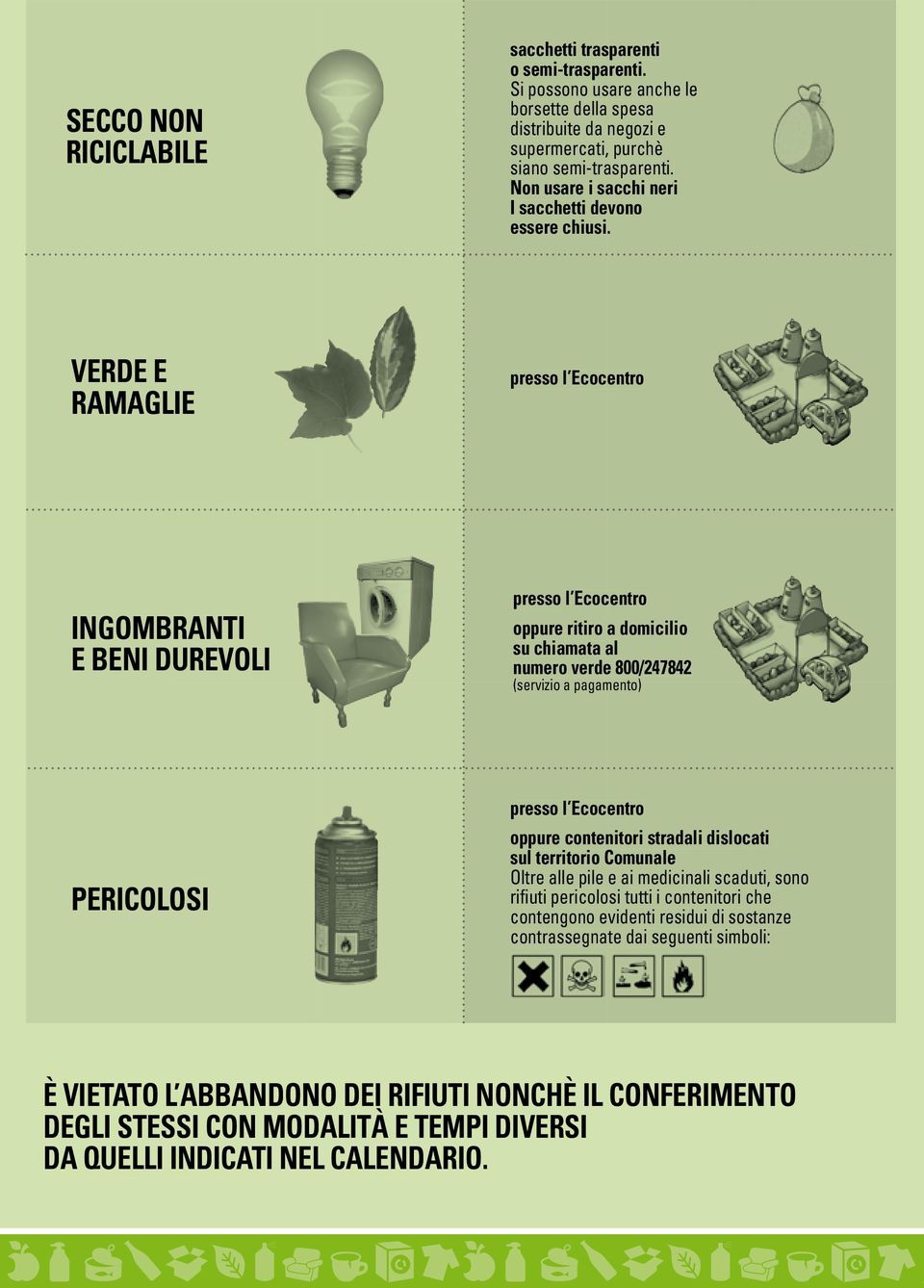 VERDE E RAMAGLIE presso l Ecocentro INGOMBRANTI E BENI DUREVOLI presso l Ecocentro oppure ritiro a domicilio su chiamata al numero verde 800/247842 (servizio a pagamento) PERICOLOSI presso l