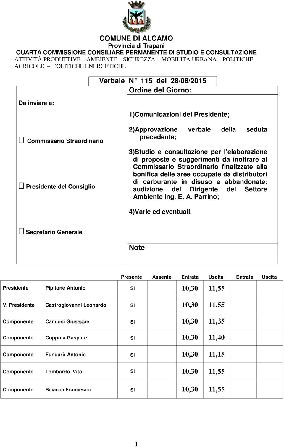 precedente; 3)Studio e consultazione per l elaborazione di proposte e suggerimenti da inoltrare al Commissario Straordinario finalizzate alla bonifica delle aree occupate da distributori di