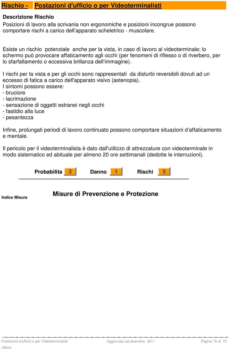 Esiste un rischio potenziale anche per la vista, in caso di lavoro al videoterminale; lo schermo può provocare affaticamento agli occhi (per fenomeni di riflesso o di riverbero, per lo sfarfallamento