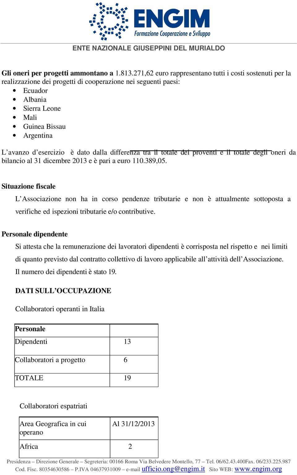 è dato dalla differenza tra il totale dei proventi e il totale degli oneri da bilancio al 31 dicembre 2013 e è pari a euro 110.389,05.