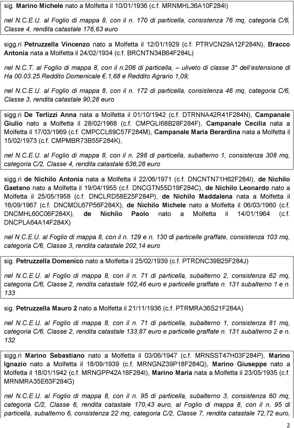 tta il 12/01/1929 (c.f. PTRVCN29A12F284N), Bracco Antonia nata a Molfetta il 24/02/1934 (c.f. BRCNTN34B64F284L) nel N.C.T. al Foglio di mappa 8, con il n.