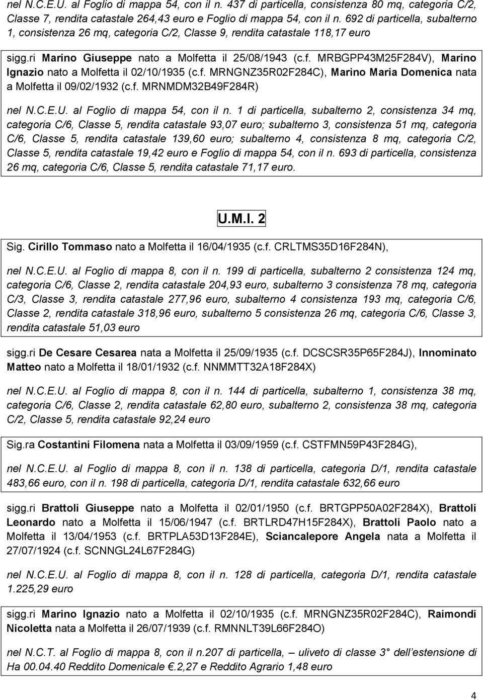 tta il 25/08/1943 (c.f. MRBGPP43M25F284V), Marino Ignazio nato a Molfetta il 02/10/1935 (c.f. MRNGNZ35R02F284C), Marino Maria Domenica nata a Molfetta il 09/02/1932 (c.f. MRNMDM32B49F284R) nel N.C.E.