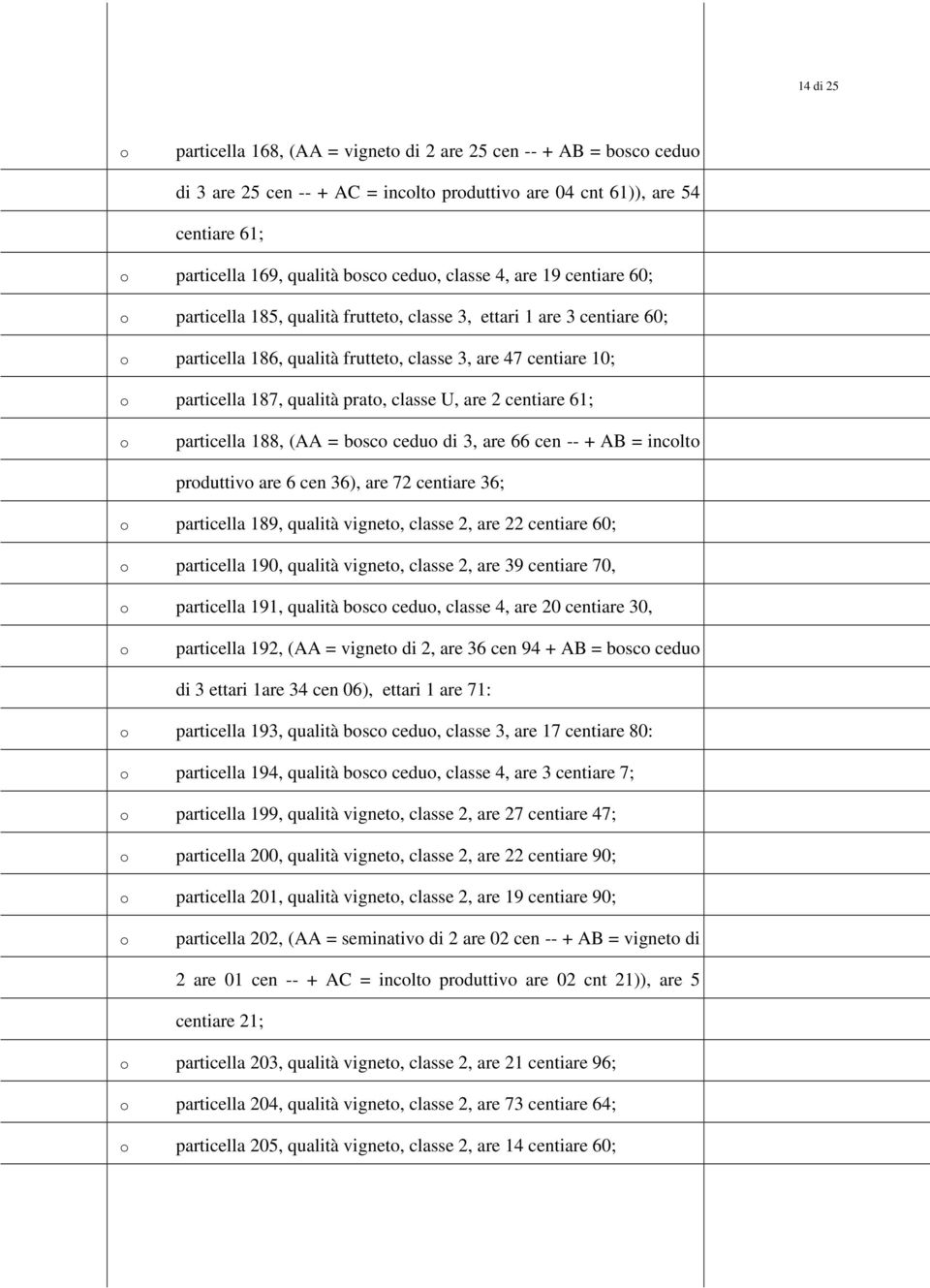 centiare 61; particella 188, (AA = bsc cedu di 3, are 66 cen -- + AB = inclt prduttiv are 6 cen 36), are 72 centiare 36; particella 189, qualità vignet, classe 2, are 22 centiare 60; particella 190,