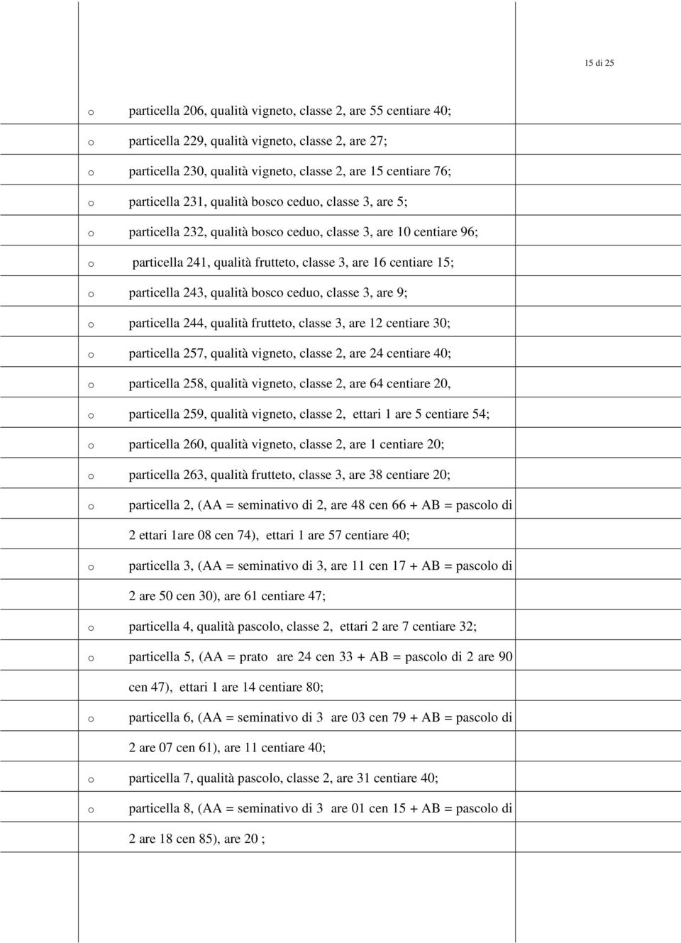 classe 3, are 9; particella 244, qualità fruttet, classe 3, are 12 centiare 30; particella 257, qualità vignet, classe 2, are 24 centiare 40; particella 258, qualità vignet, classe 2, are 64 centiare