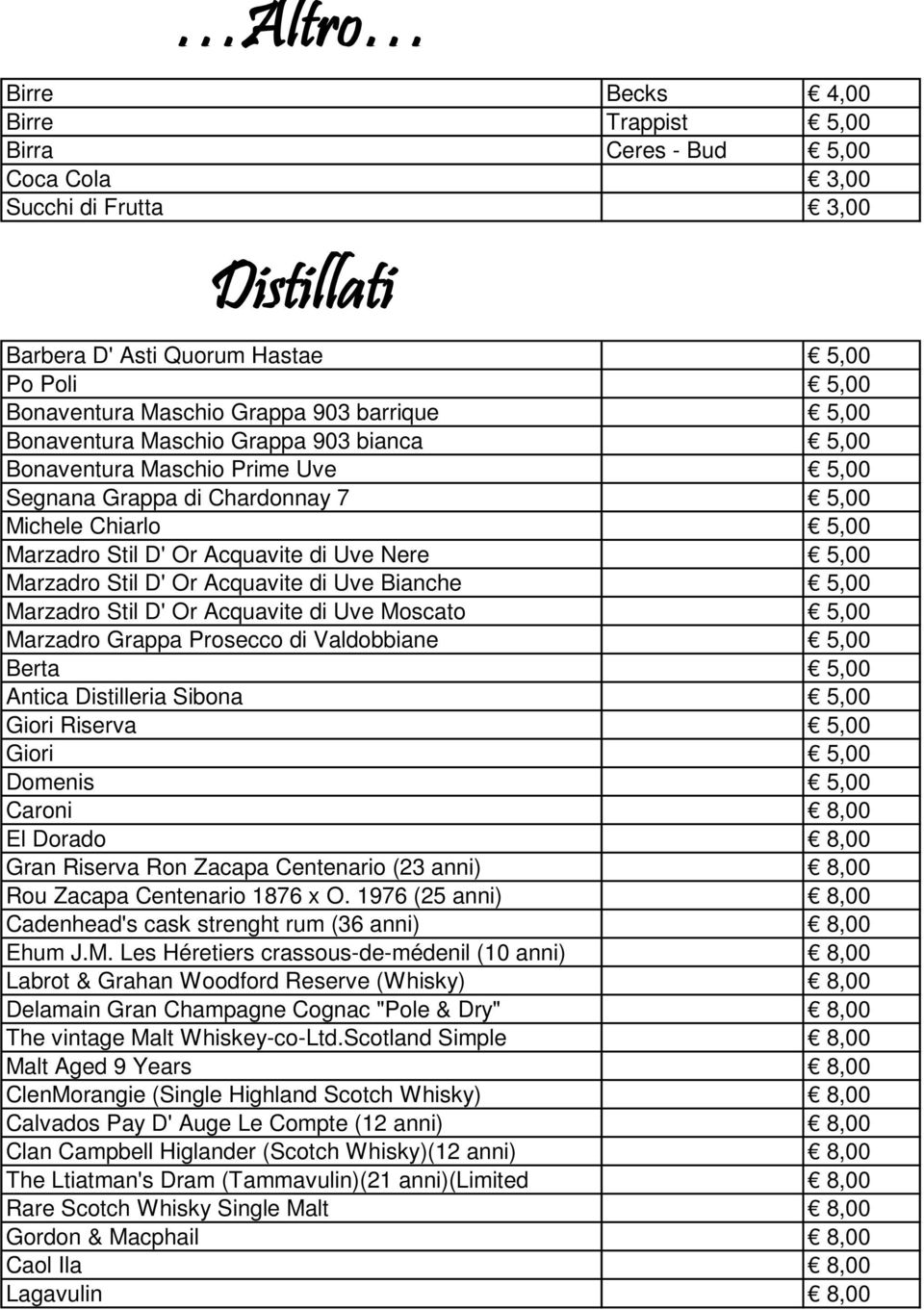 Marzadro Stil D' Or Acquavite di Uve Bianche 5,00 Marzadro Stil D' Or Acquavite di Uve Moscato 5,00 Marzadro Grappa Prosecco di Valdobbiane 5,00 Berta 5,00 Antica Distilleria Sibona 5,00 Giori