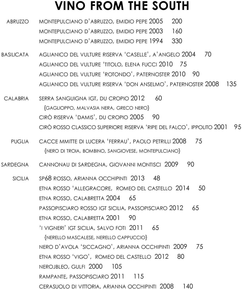 CALABRIA SERRA SANGUIGNA IGT, DU CROPIO 2012 60 {GAGLIOPPO, MALVASIA NERA, GRECO NERO} CIRÒ RISERVA DAMIS, DU CROPIO 2005 90 CIRÒ ROSSO CLASSICO SUPERIORE RISERVA RIPE DEL FALCO, IPPOLITO 2001 95