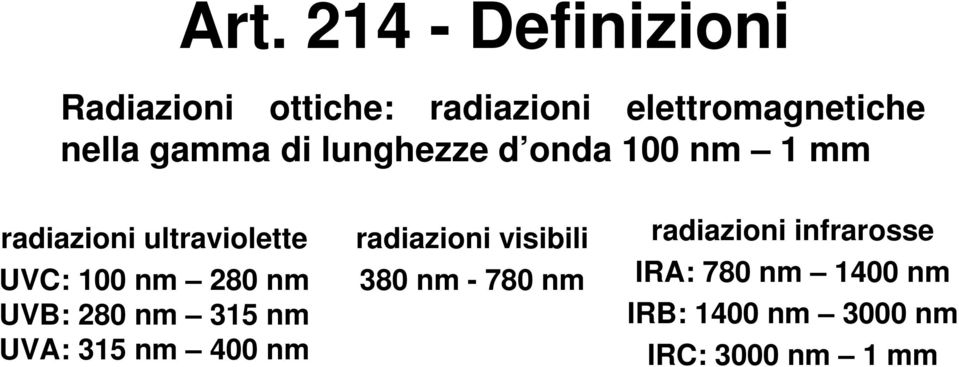 nm UVB: 280 nm 315 nm UVA: 315 nm 400 nm radiazioni visibili 380 nm - 780 nm