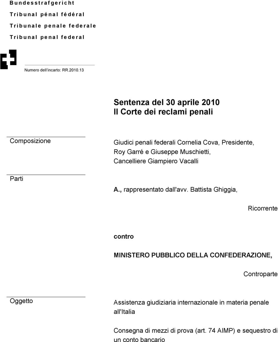 Muschietti, Cancelliere Giampiero Vacalli Parti A., rappresentato dall'avv.